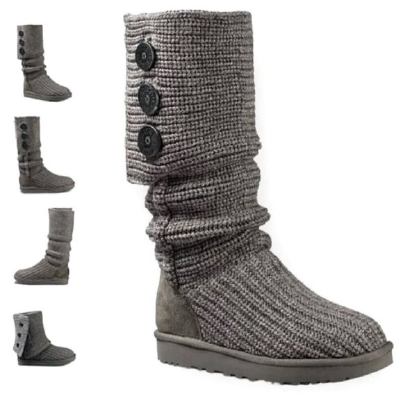 UGG Women's Classic Cardy Sock Boots Gray Knit Sheepskin Winter Fold Over Size 6 - Picture 1 of 9